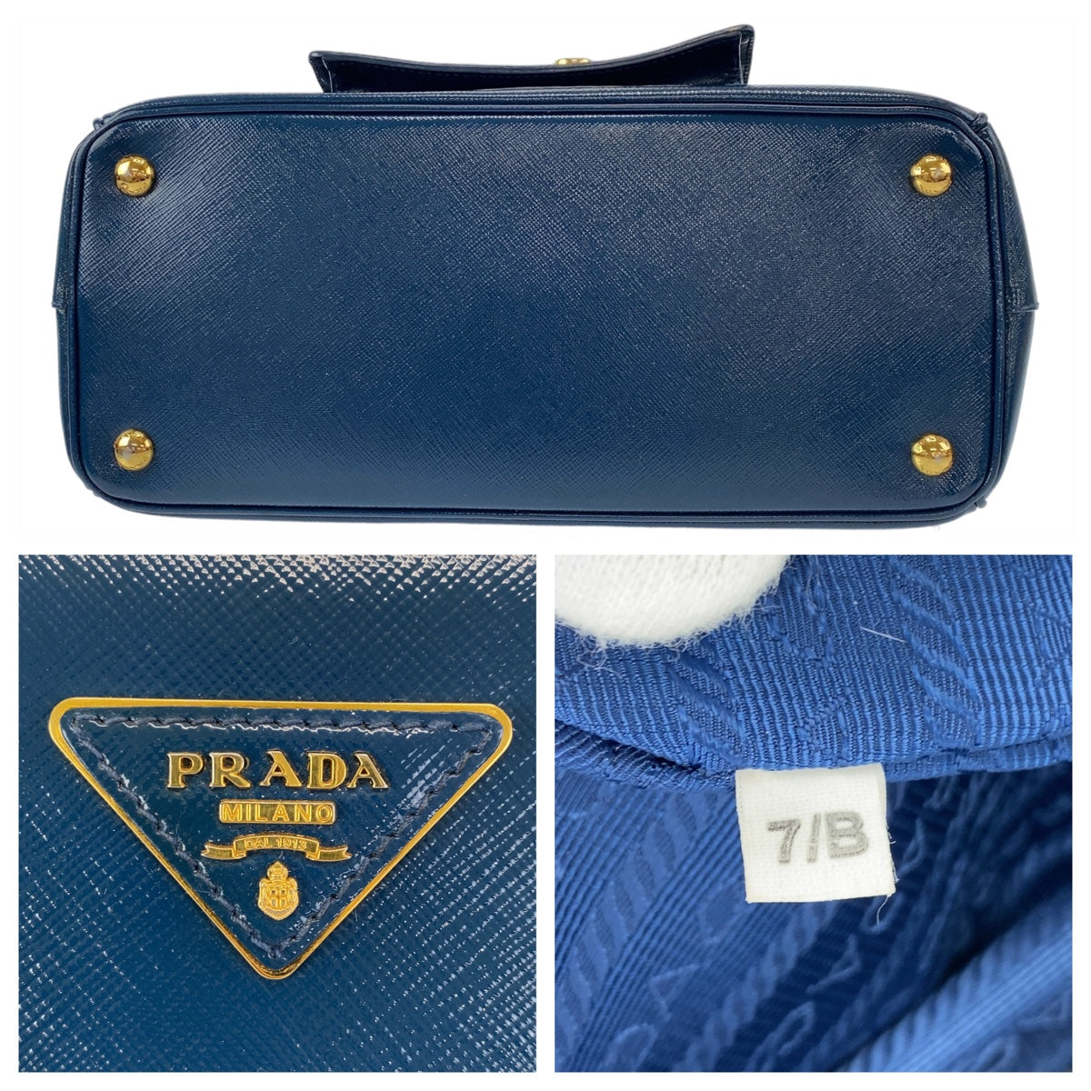 18426
PRADA プラダ サフィアーノ 三角ロゴプレート ブルー 青 ゴールド金具 レザー 2way ハンドバッグ 斜め掛け ショルダーバッグ レディース ABP66