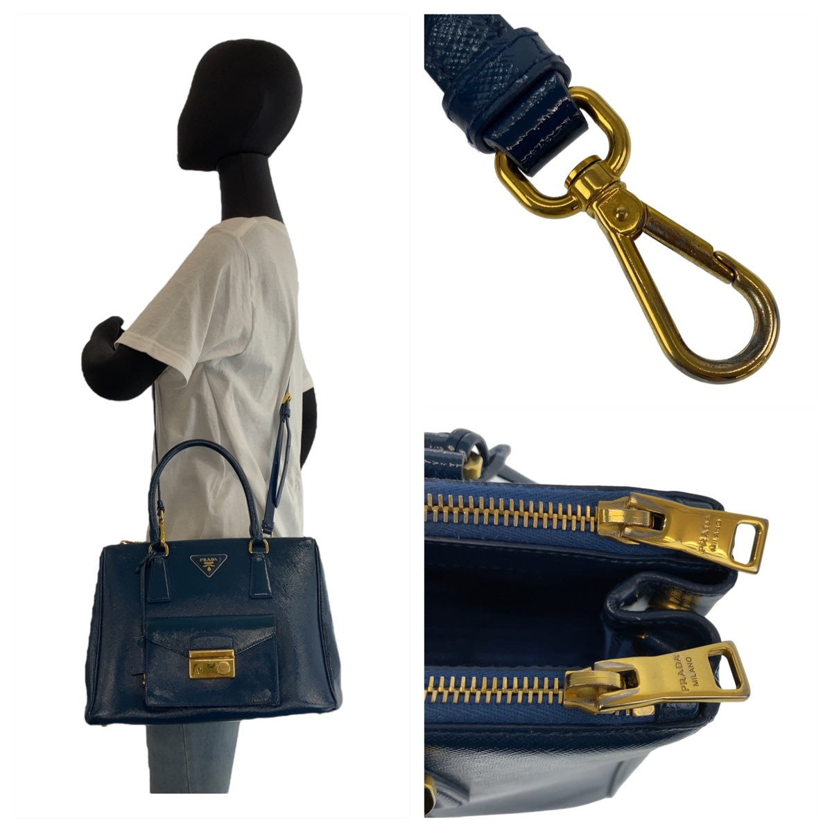 18426
PRADA プラダ サフィアーノ 三角ロゴプレート ブルー 青 ゴールド金具 レザー 2way ハンドバッグ 斜め掛け ショルダーバッグ レディース ABP66