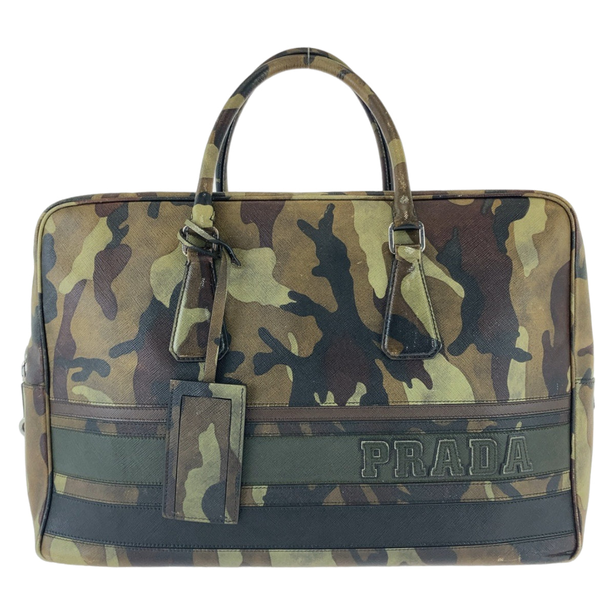 18435
PRADA プラダ サフィアーノ カモフラ 迷彩 グリーン シルバー金具 レザー ビジネスバッグ ブリーフケース A4収納  メンズ