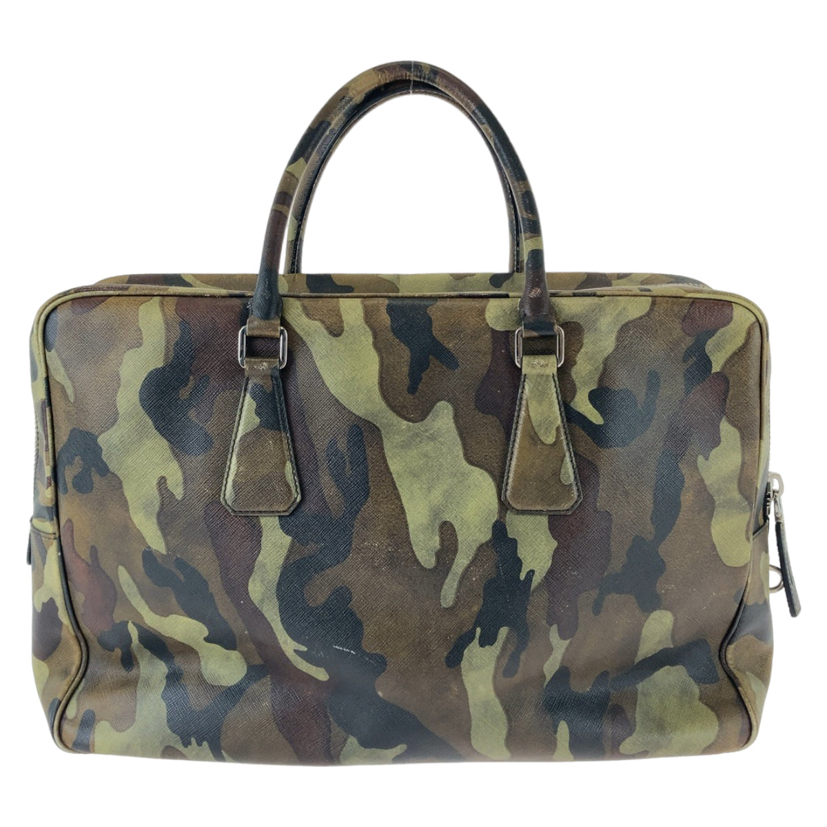 18435
PRADA プラダ サフィアーノ カモフラ 迷彩 グリーン シルバー金具 レザー ビジネスバッグ ブリーフケース A4収納  メンズ