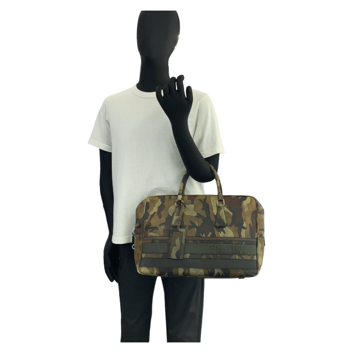 18435
PRADA プラダ サフィアーノ カモフラ 迷彩 グリーン シルバー金具 レザー ビジネスバッグ ブリーフケース A4収納  メンズ