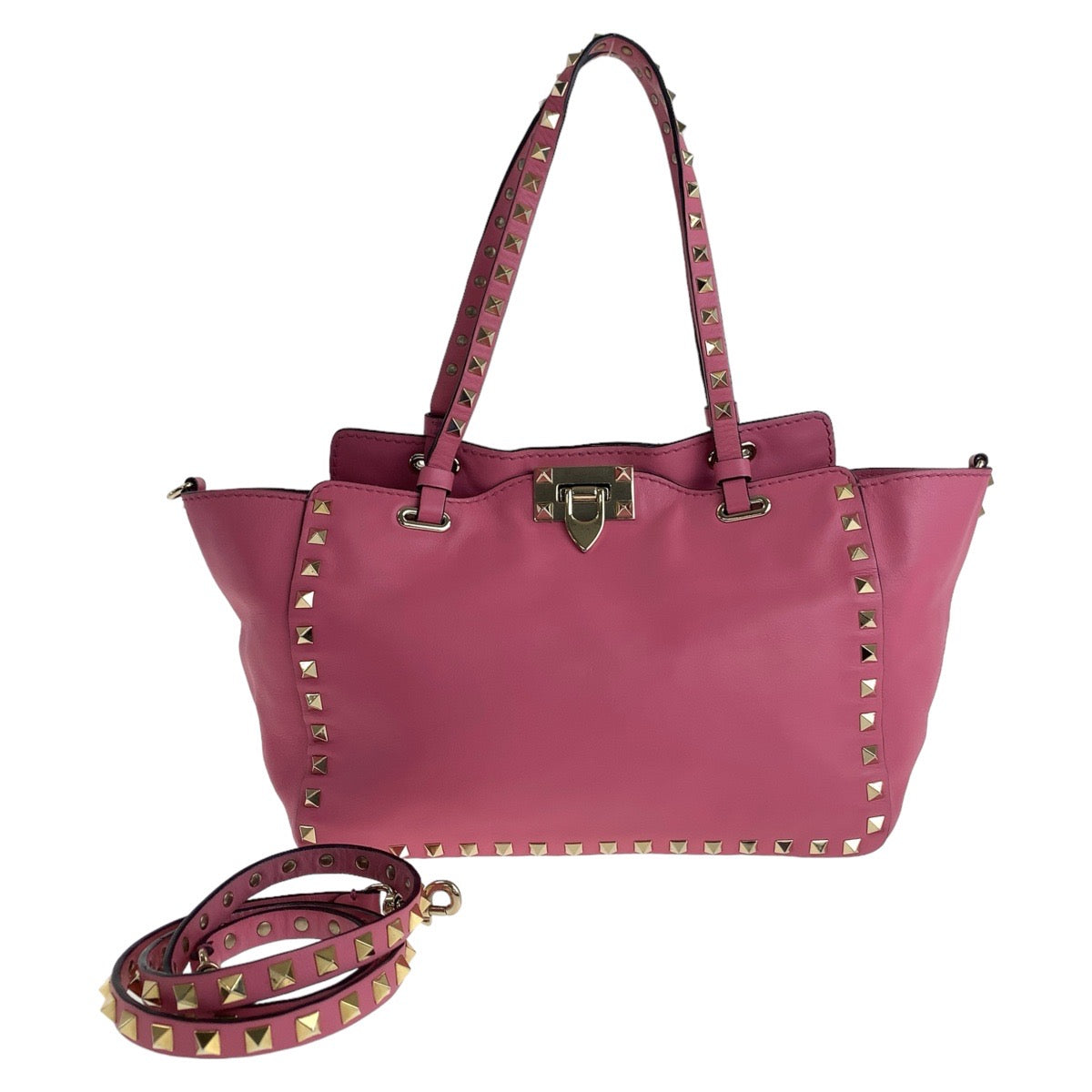 18437
VALENTINO ヴァレンティノ ロックスタッズ ピンク ゴールド金具 レザー ハンドバッグ ショルダーバッグ 2way  レディース AB54