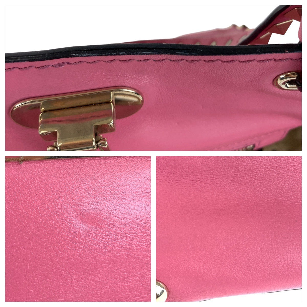 18437
VALENTINO ヴァレンティノ ロックスタッズ ピンク ゴールド金具 レザー ハンドバッグ ショルダーバッグ 2way  レディース AB54