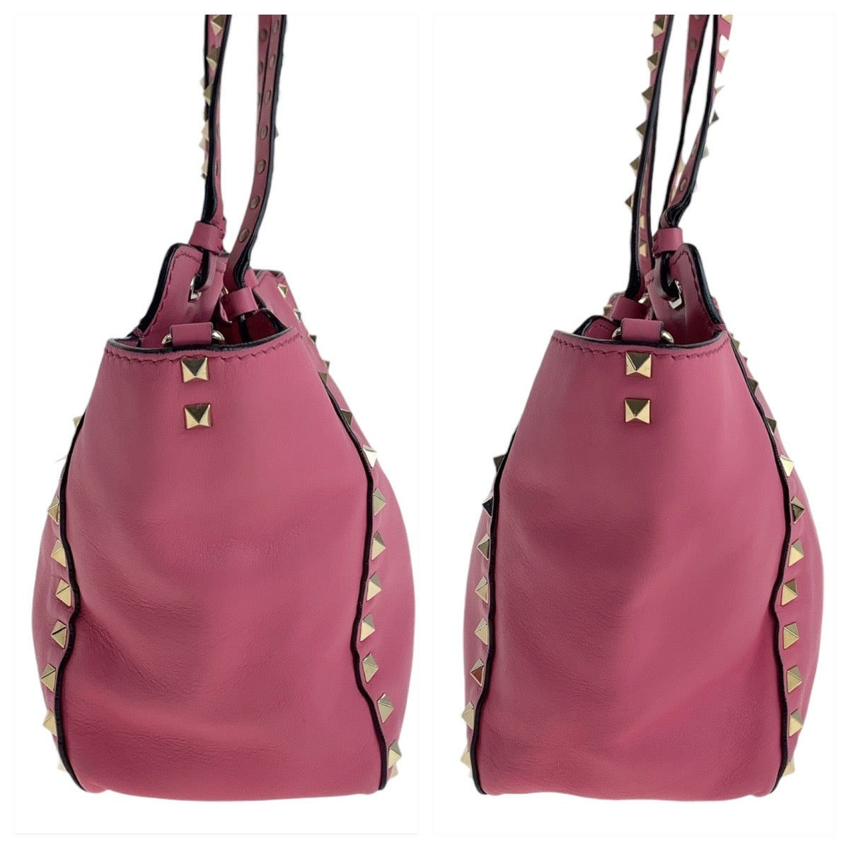 18437
VALENTINO ヴァレンティノ ロックスタッズ ピンク ゴールド金具 レザー ハンドバッグ ショルダーバッグ 2way  レディース AB54