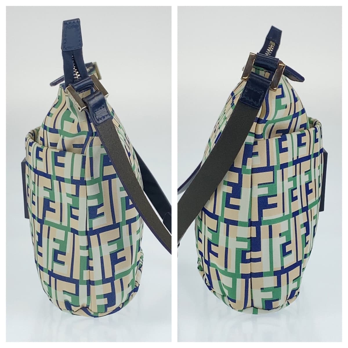 18444
FENDI フェンディ ズッカ柄 FFロゴ グリーン 緑 ピンク ネイビー キャンバス 斜め掛け ショルダーバッグ メッセンジャーバッグ  レディース ABP52