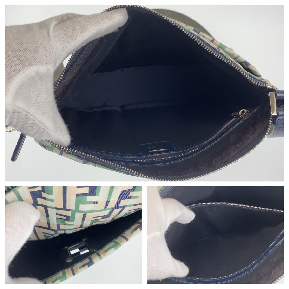 18444
FENDI フェンディ ズッカ柄 FFロゴ グリーン 緑 ピンク ネイビー キャンバス 斜め掛け ショルダーバッグ メッセンジャーバッグ  レディース ABP52