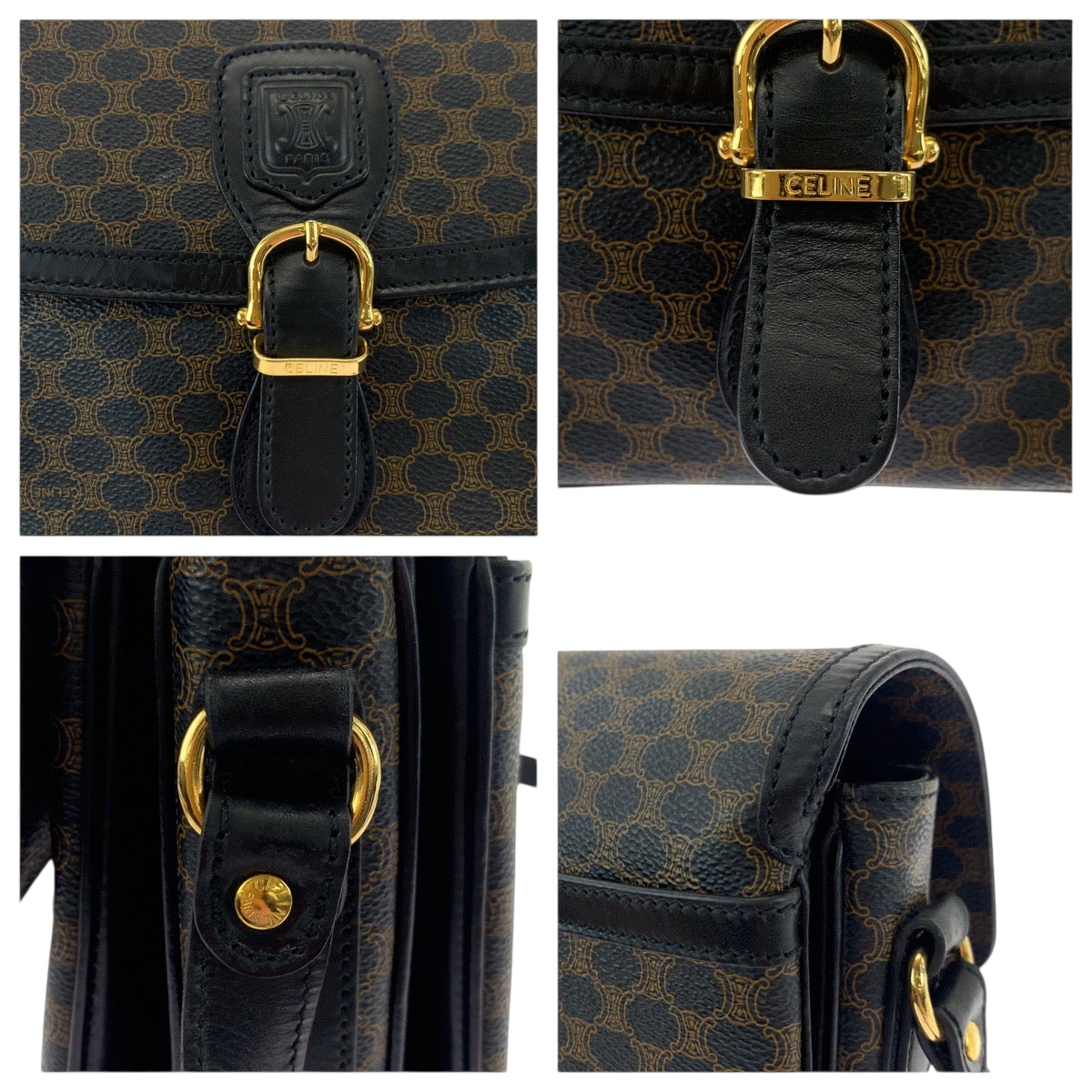 18449
CELINE セリーヌ ヴィンテージ マカダム ブラック ダークブラウン ゴールド金具 PVC ショルダーバッグ ポシェット レディース ABP72