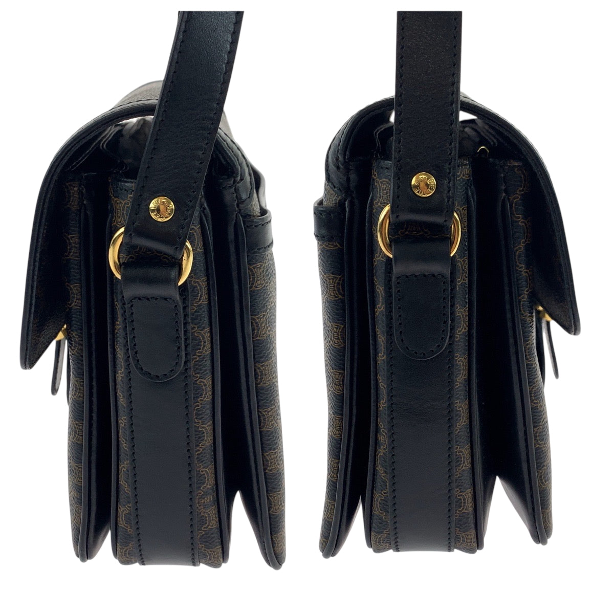 18449
CELINE セリーヌ ヴィンテージ マカダム ブラック ダークブラウン ゴールド金具 PVC ショルダーバッグ ポシェット レディース ABP72