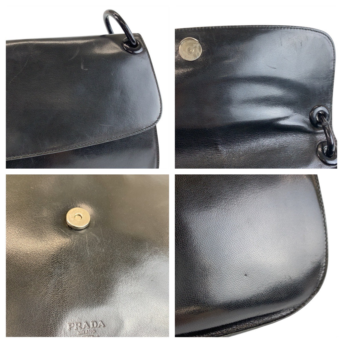 18457
PRADA プラダ ロゴ型押し ブラック 黒 レザー / プラスチック プラチェーンショルダーバッグ  レディース AB40