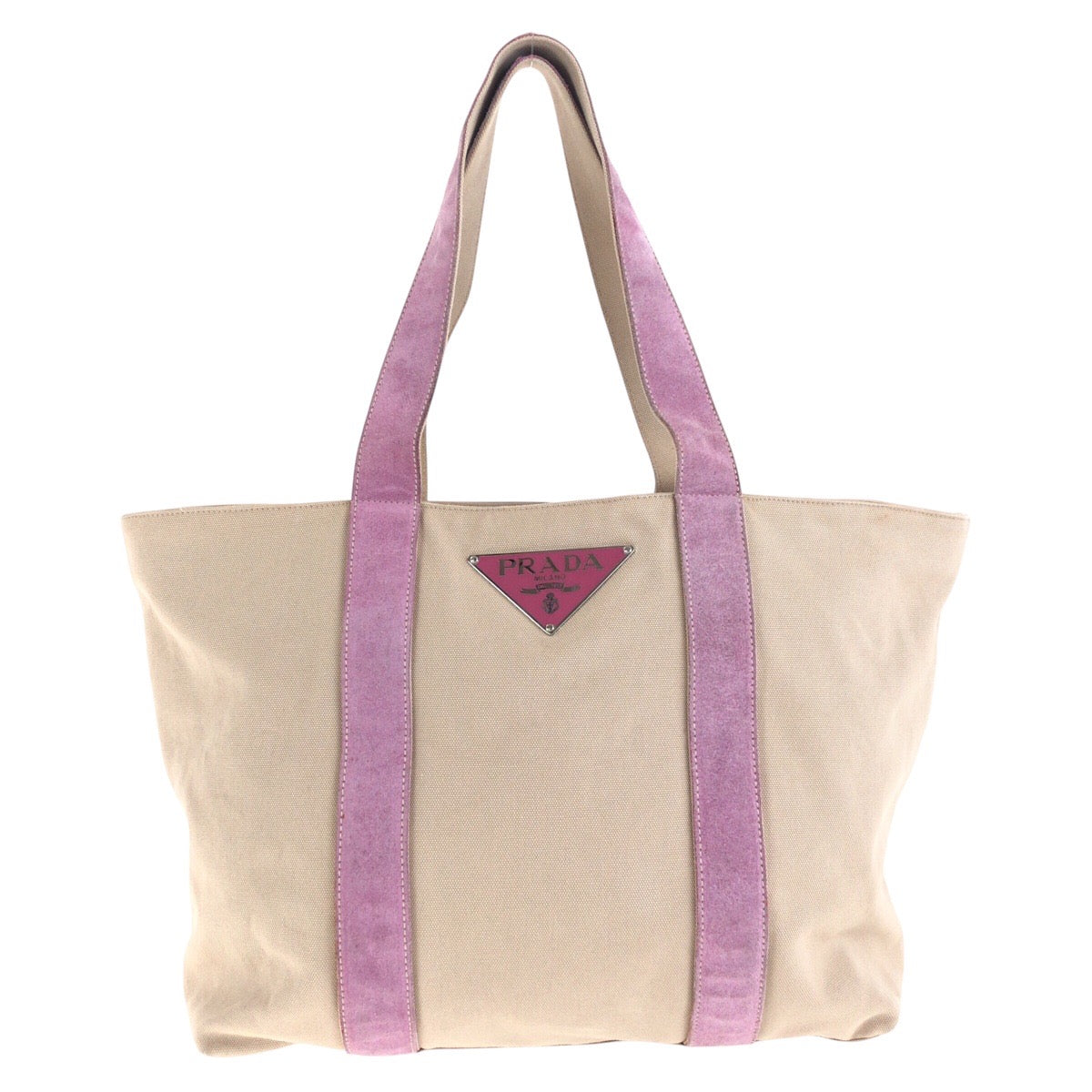 18462
PRADA プラダ 三角ロゴプレート ベージュ ピンク シルバー金具  キャンバス / スウェード トートバッグ ショルダーバッグ  レディース AB22