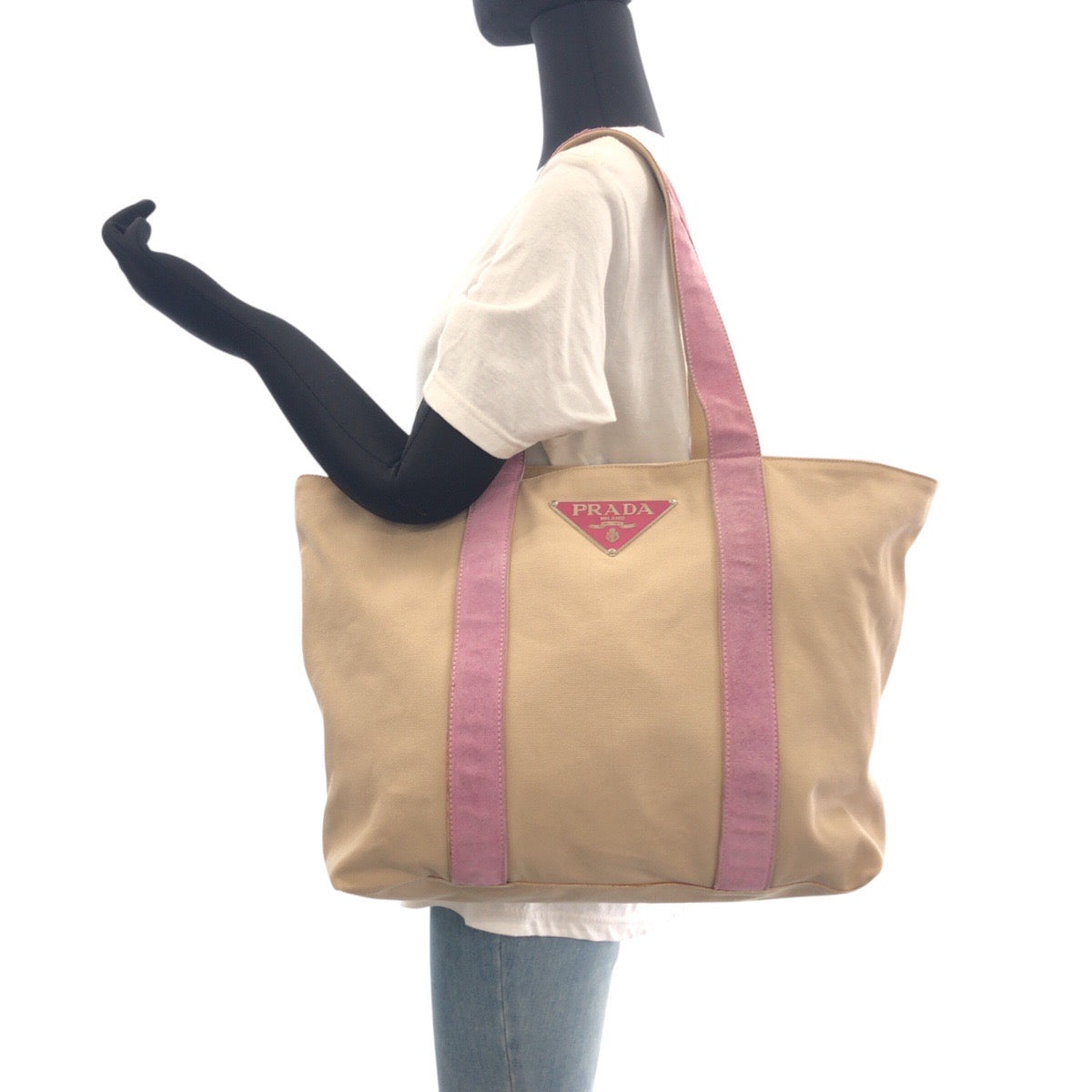 18462
PRADA プラダ 三角ロゴプレート ベージュ ピンク シルバー金具  キャンバス / スウェード トートバッグ ショルダーバッグ  レディース AB22