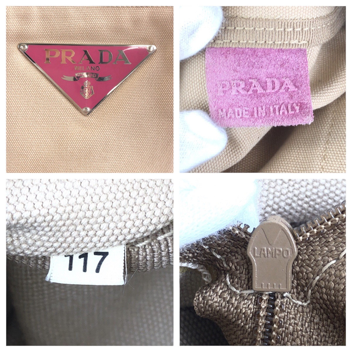 18462
PRADA プラダ 三角ロゴプレート ベージュ ピンク シルバー金具  キャンバス / スウェード トートバッグ ショルダーバッグ  レディース AB22