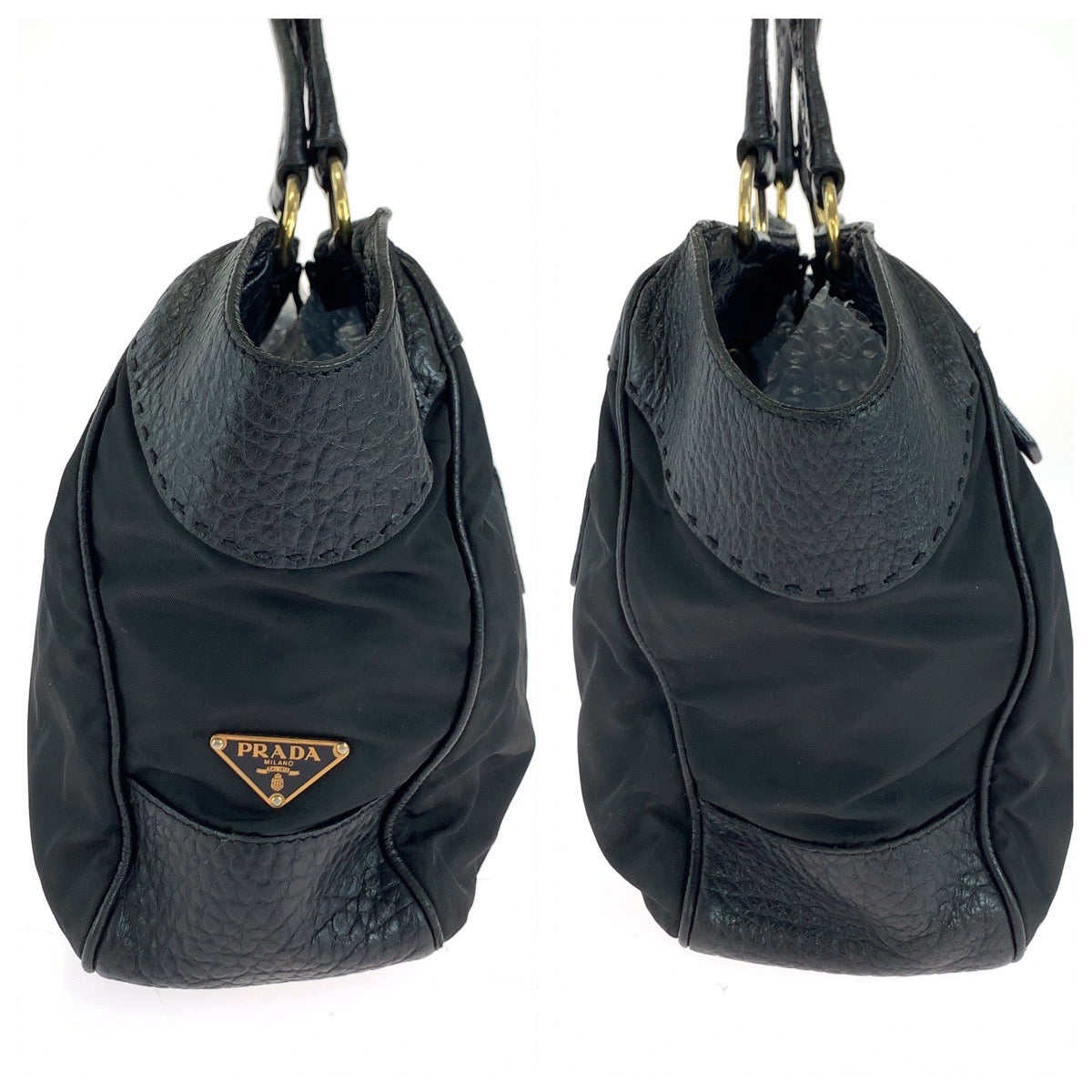 18463
PRADA プラダ ヴィッテロダイノ テスート 三角ロゴプレート ブラック 黒 ゴールド金具 レザー / ナイロン ハンドバッグ ショルダーバッグ  レディース ABP50