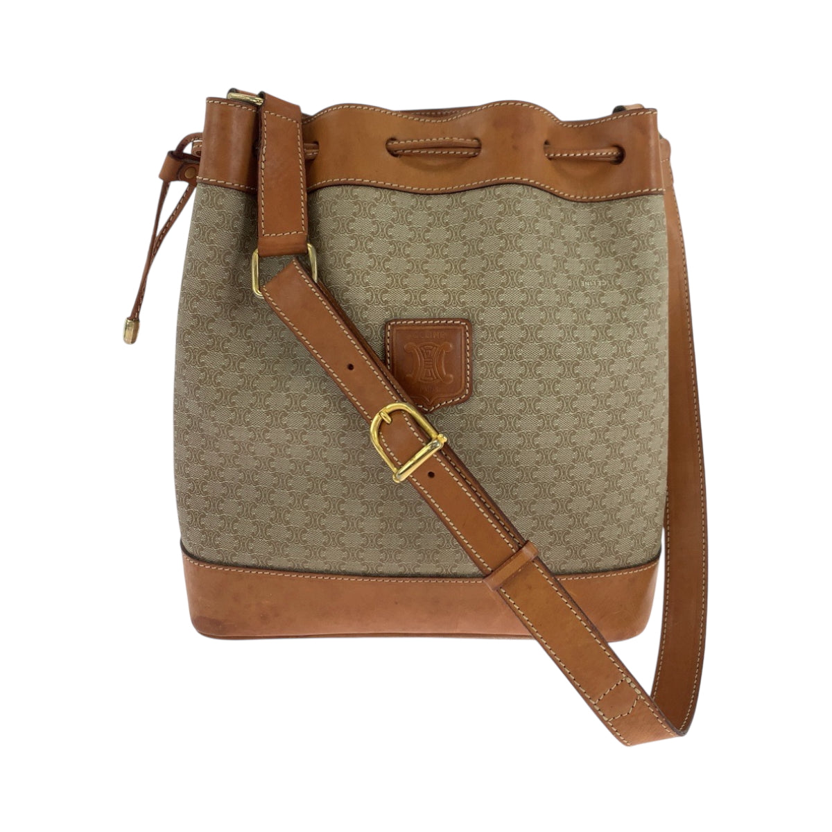 18470
CELINE セリーヌ マカダム ベージュ ブラウン ゴールド金具 PVC ショルダーバッグ ポーチ付き  レディース AB32