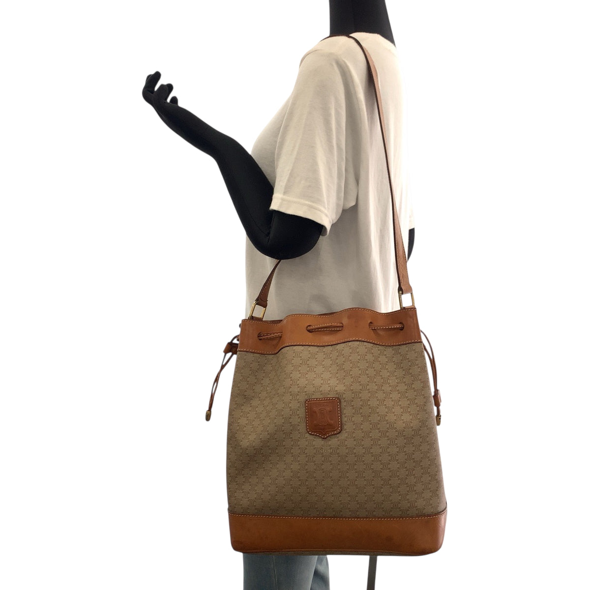 18470
CELINE セリーヌ マカダム ベージュ ブラウン ゴールド金具 PVC ショルダーバッグ ポーチ付き  レディース AB32