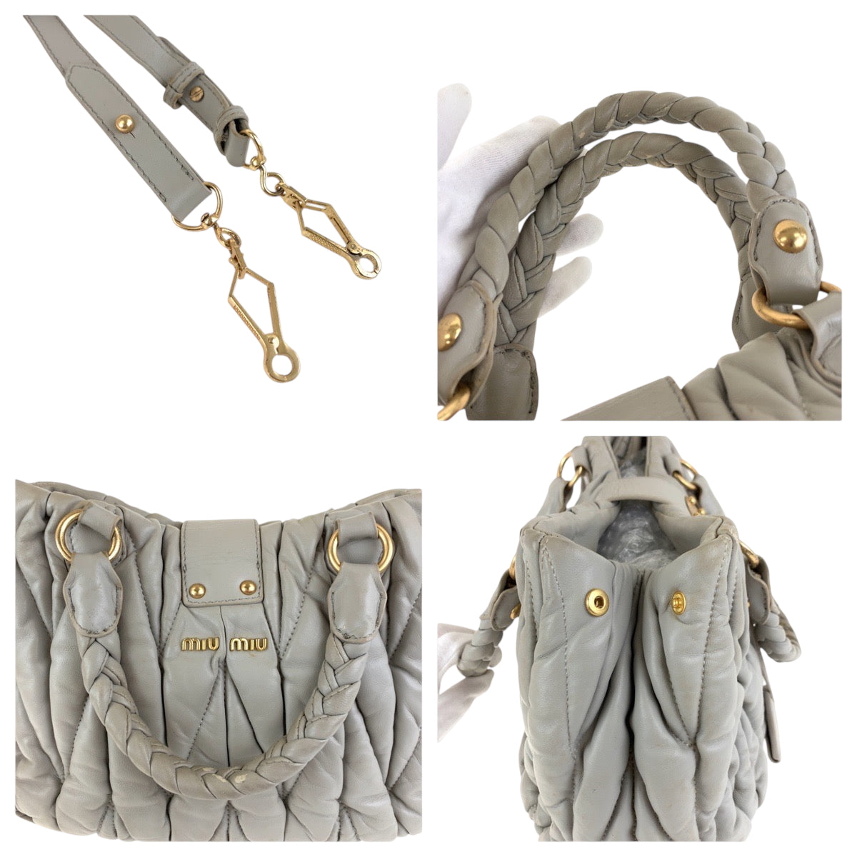 18473
MIUMIU ミュウミュウ マテラッセ グレー ゴールド金具 レザー ショルダーバッグ ハンドバッグ 2way  レディース AB42