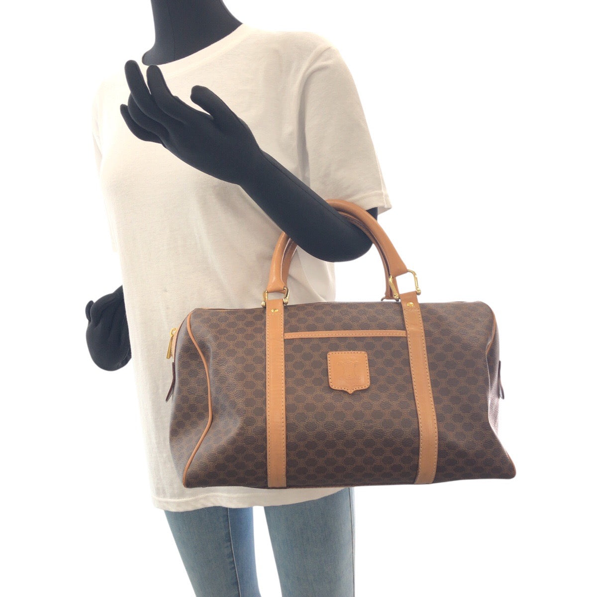 18490
CELINE セリーヌ ヴィンテージ マカダム ブラウン ゴールド金具 PVC M14 ハンドバッグ ボストンバッグ レディース AB32