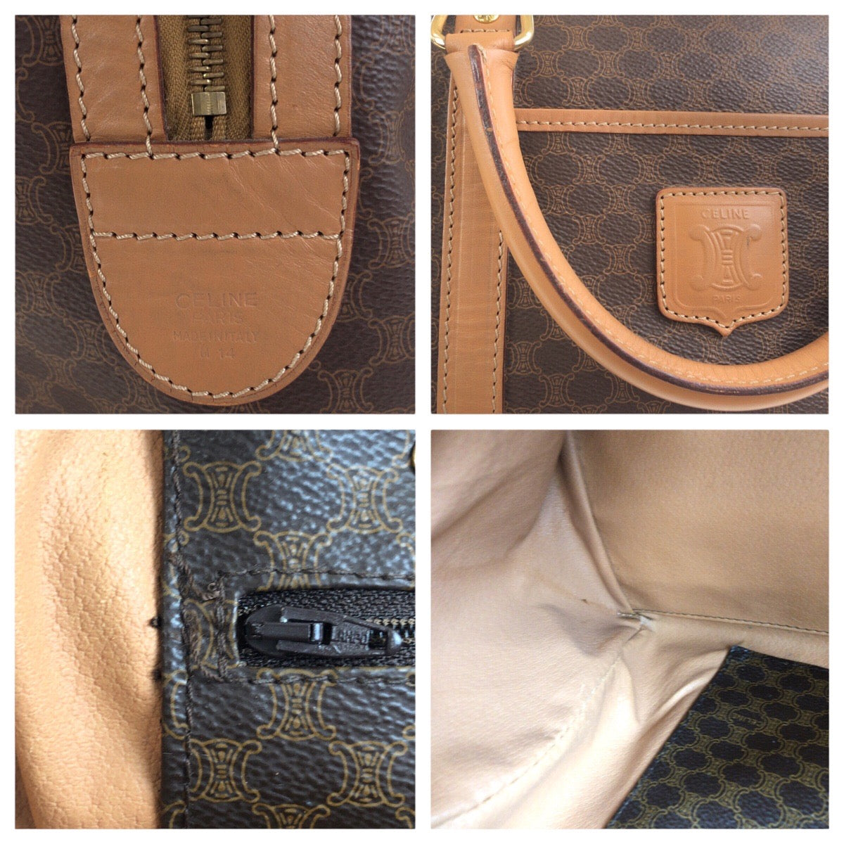 18490
CELINE セリーヌ ヴィンテージ マカダム ブラウン ゴールド金具 PVC M14 ハンドバッグ ボストンバッグ レディース AB32