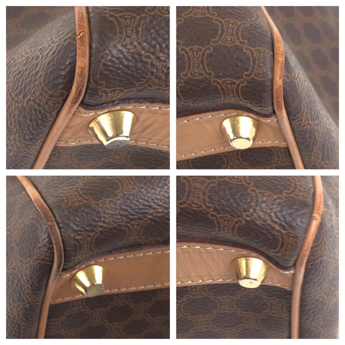 18490
CELINE セリーヌ ヴィンテージ マカダム ブラウン ゴールド金具 PVC M14 ハンドバッグ ボストンバッグ レディース AB32