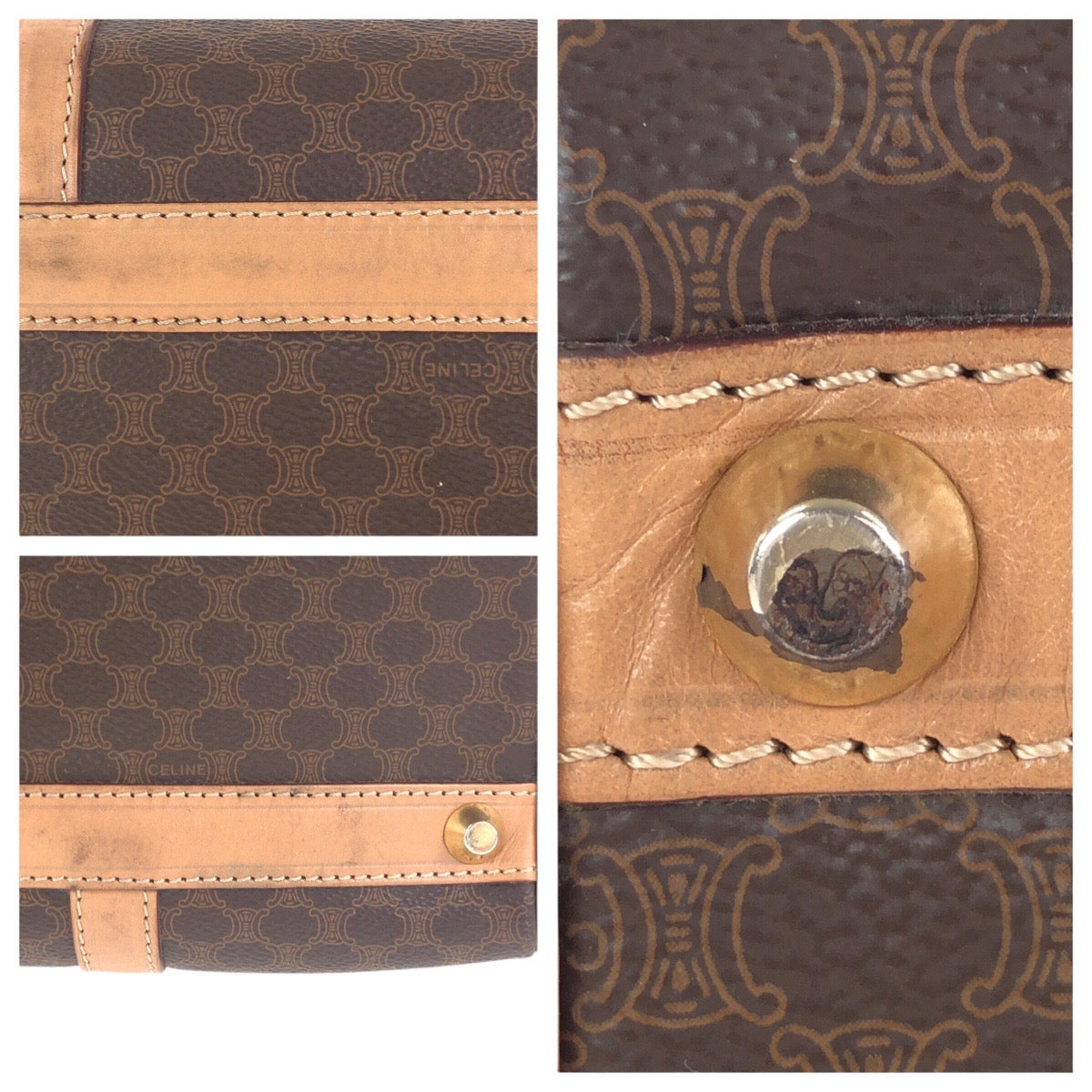 18490
CELINE セリーヌ ヴィンテージ マカダム ブラウン ゴールド金具 PVC M14 ハンドバッグ ボストンバッグ レディース AB32