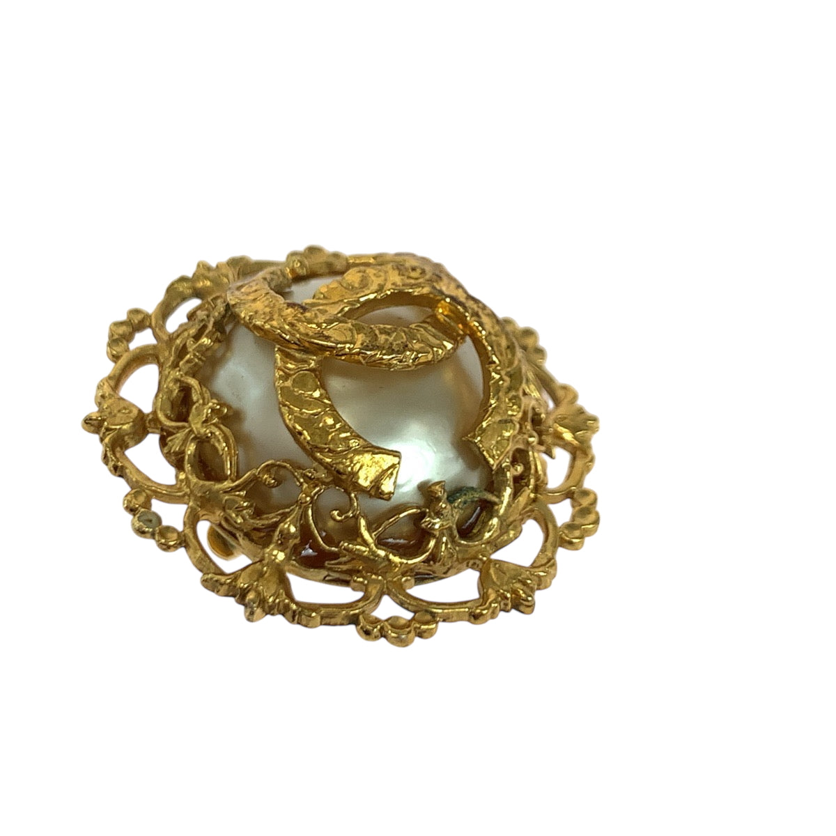 18494
CHANEL シャネル ヴィンテージ 溶岩 ココマーク バロックパール ゴールド ホワイト メタル イヤリング 28刻印 レディース AB40