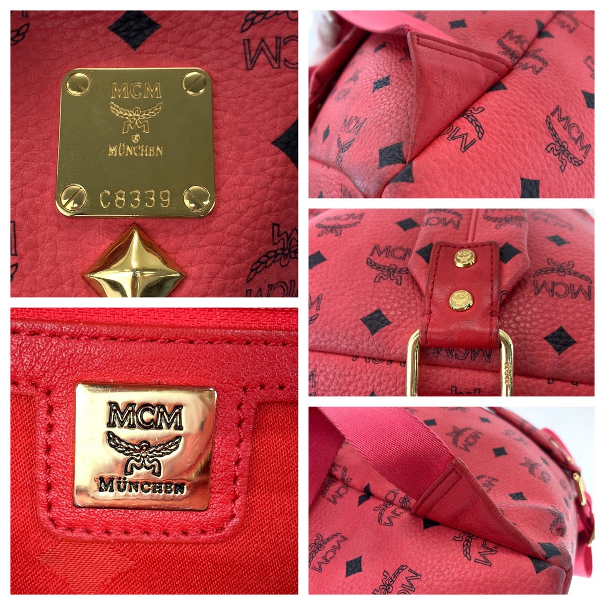 18499
MCM エム シー エム ヴィセトス スタッズ レッド ゴールド金具 レザー リュックサック バックパック  レディース ABP45