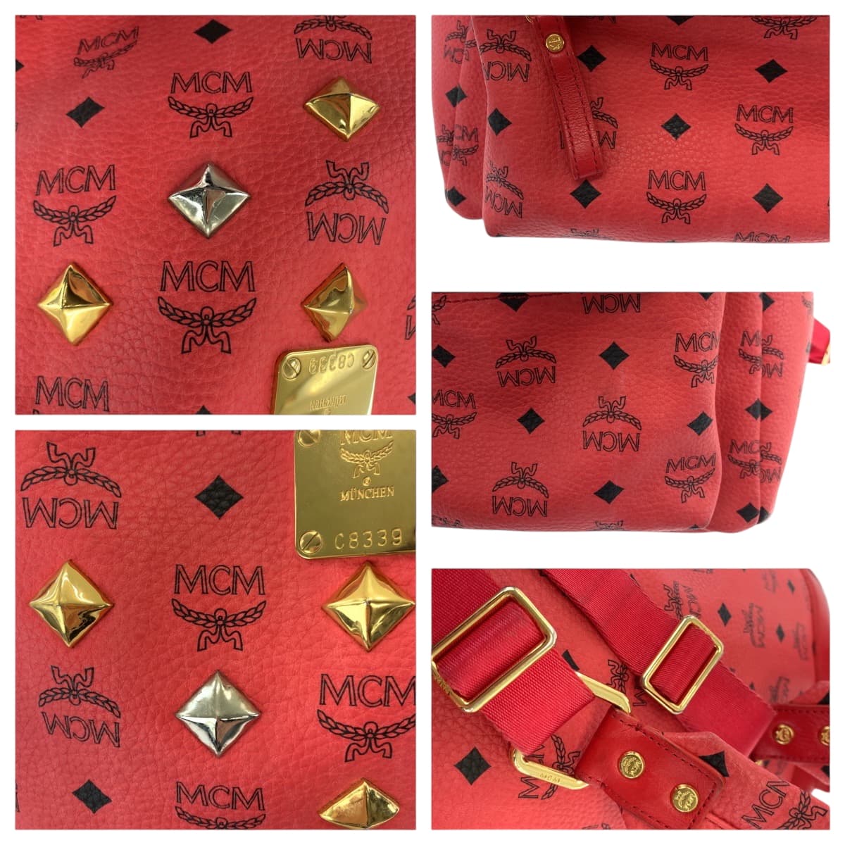 18499
MCM エム シー エム ヴィセトス スタッズ レッド ゴールド金具 レザー リュックサック バックパック  レディース ABP45