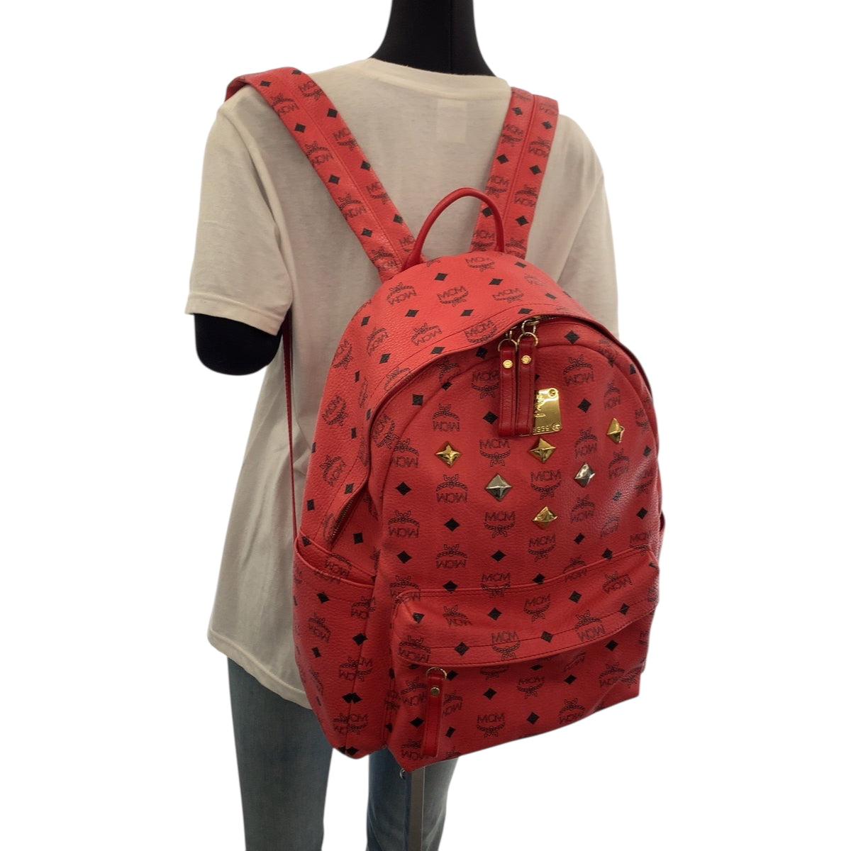 18499
MCM エム シー エム ヴィセトス スタッズ レッド ゴールド金具 レザー リュックサック バックパック  レディース ABP45