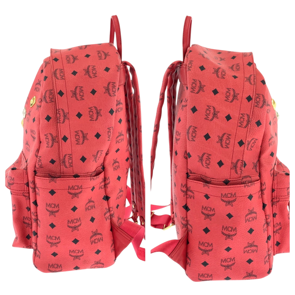 18499
MCM エム シー エム ヴィセトス スタッズ レッド ゴールド金具 レザー リュックサック バックパック  レディース ABP45