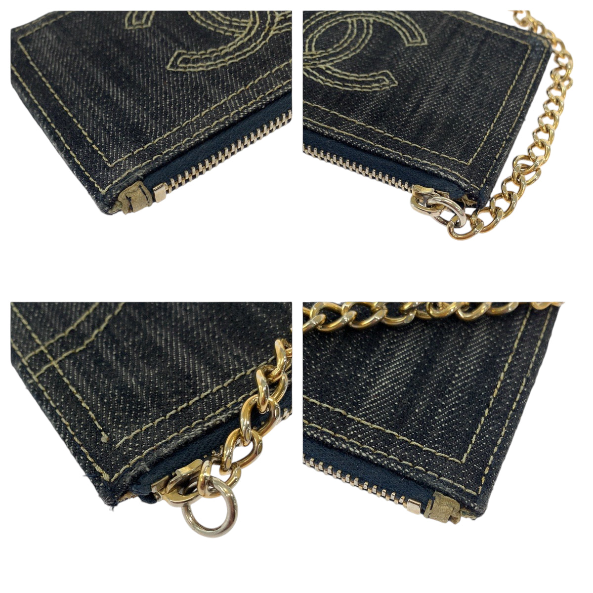 18508
CHANEL シャネル スパークリングデニム ココマーク デニム ブルー ゴールド金具 デニム チェーン付き コインケース 小銭入れ レディース AB52