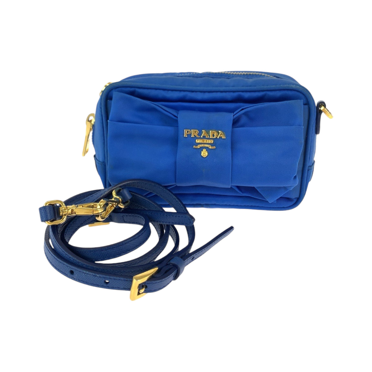 18510
PRADA プラダ テスート リボン ブルー ゴールド金具 ナイロン ショルダーバッグ ポシェット レディース AB48