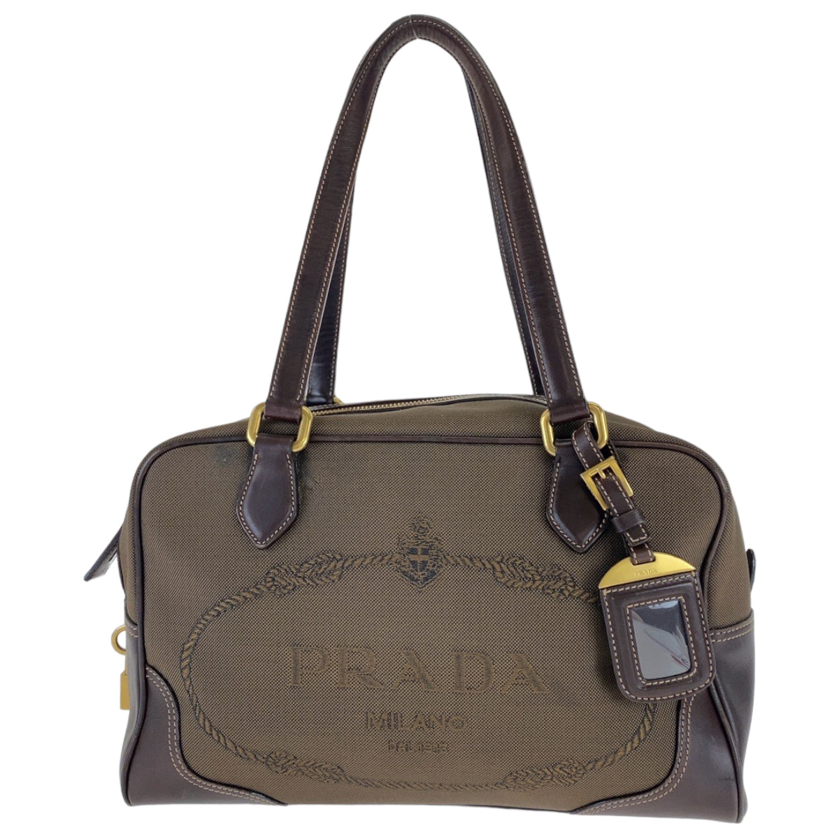 18512
PRADA プラダ ロゴジャガード ブラウン キャンバス / レザー ショルダーバッグ ハンドバッグ トートバッグ レディース ABP42