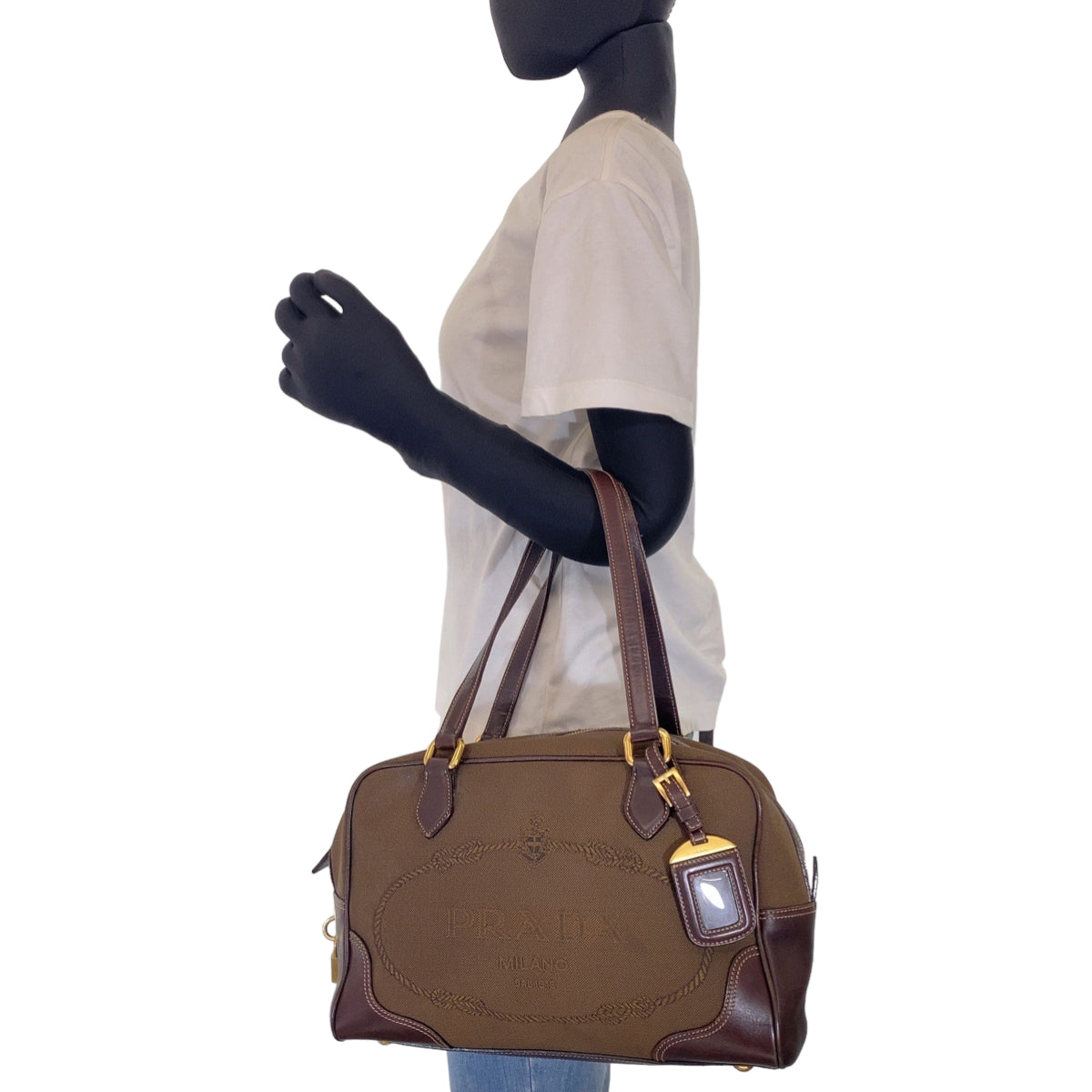 18512
PRADA プラダ ロゴジャガード ブラウン キャンバス / レザー ショルダーバッグ ハンドバッグ トートバッグ レディース ABP42