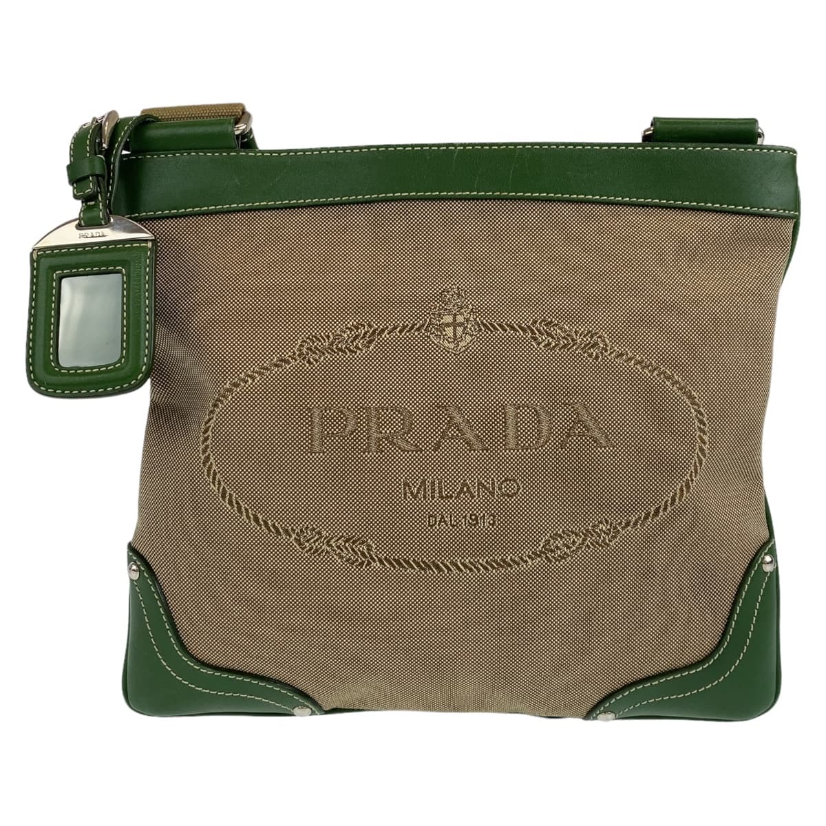 18514
PRADA プラダ ロゴジャガード 男女兼用 ベージュ グリーン シルバー金具 キャンバス / レザー ショルダーバッグ メッセンジャーバッグ  メンズ ABP48