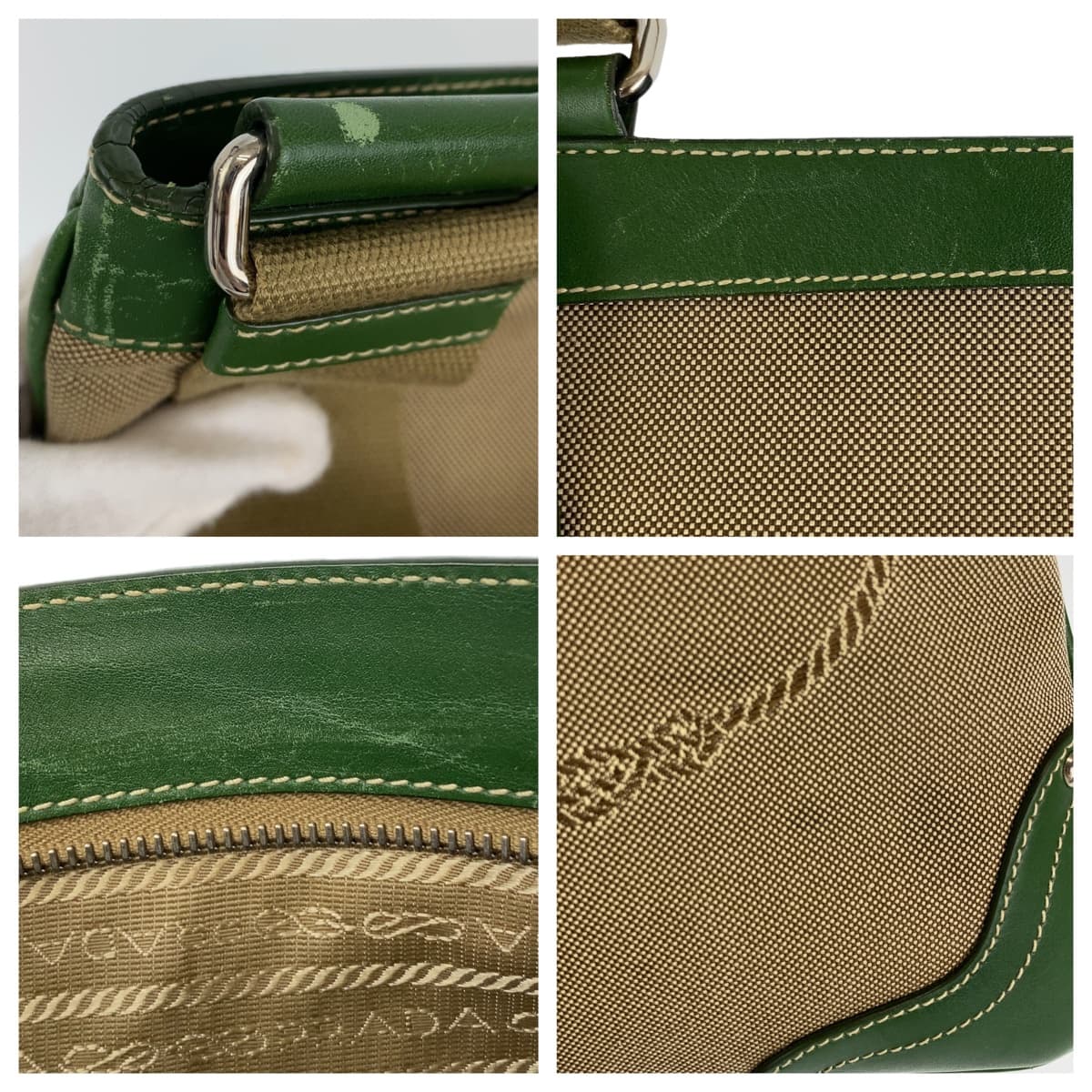 18514
PRADA プラダ ロゴジャガード 男女兼用 ベージュ グリーン シルバー金具 キャンバス / レザー ショルダーバッグ メッセンジャーバッグ  メンズ ABP48