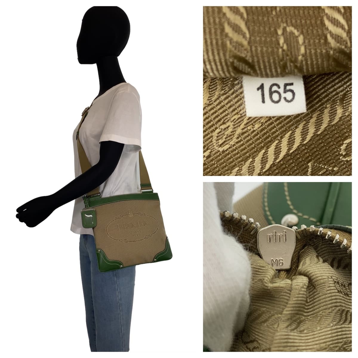 18514
PRADA プラダ ロゴジャガード 男女兼用 ベージュ グリーン シルバー金具 キャンバス / レザー ショルダーバッグ メッセンジャーバッグ  メンズ ABP48