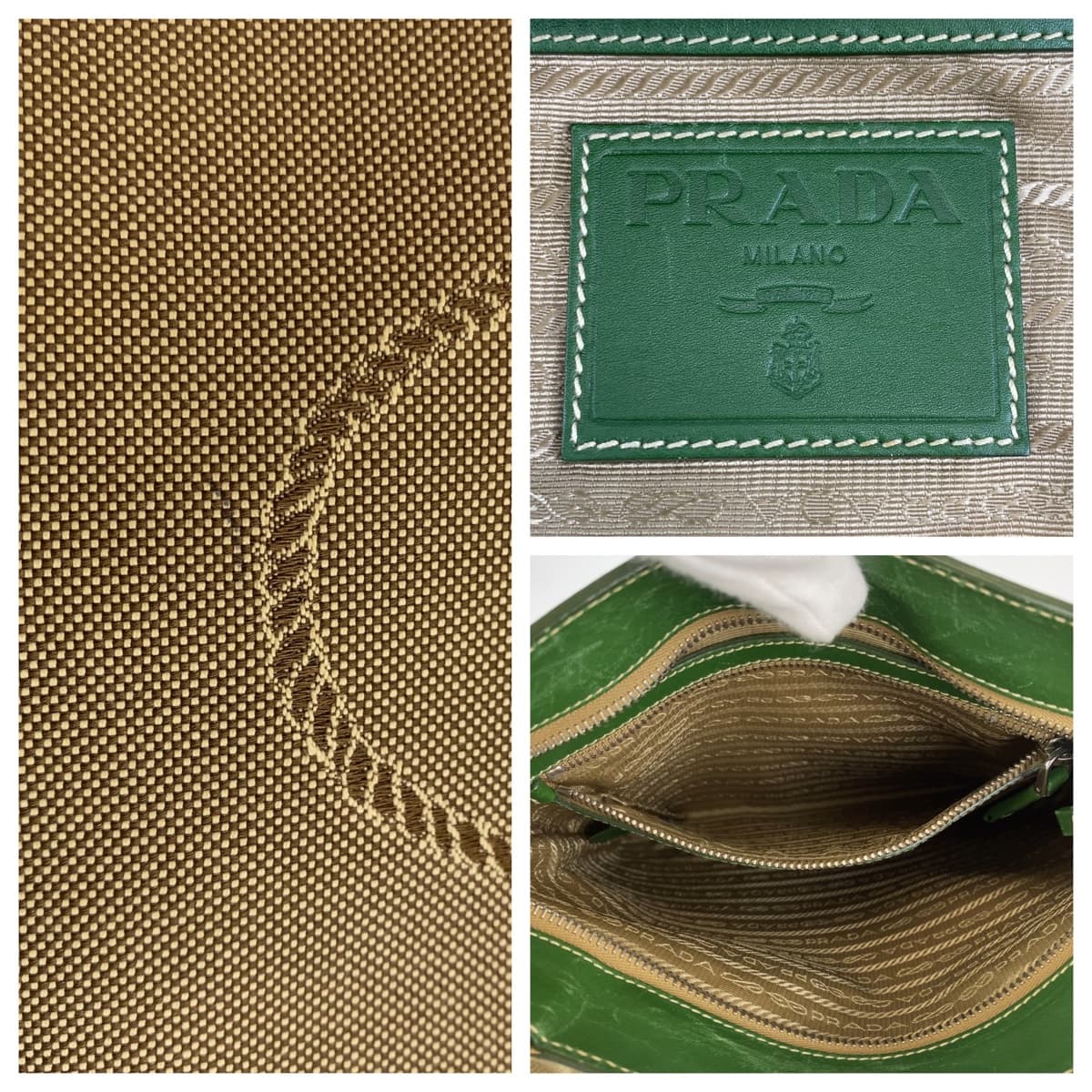 18514
PRADA プラダ ロゴジャガード 男女兼用 ベージュ グリーン シルバー金具 キャンバス / レザー ショルダーバッグ メッセンジャーバッグ  メンズ ABP48