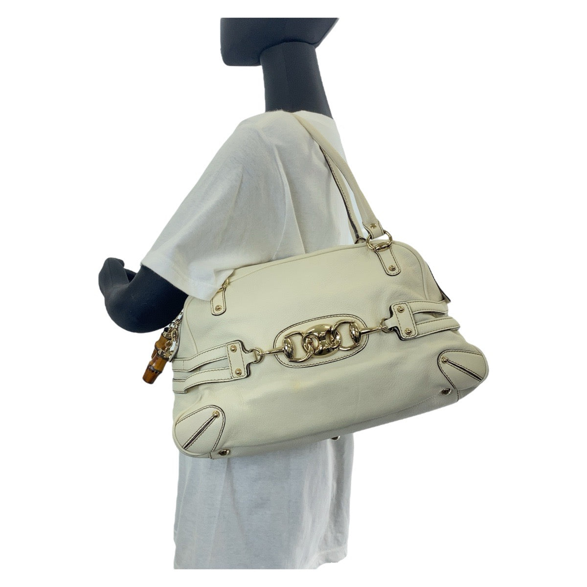 18518
GUCCI グッチ バンブー ホースビット ホワイト ゴールド金具 レザー 159398 ハンドバッグ ショルダーバッグ レディース AB48