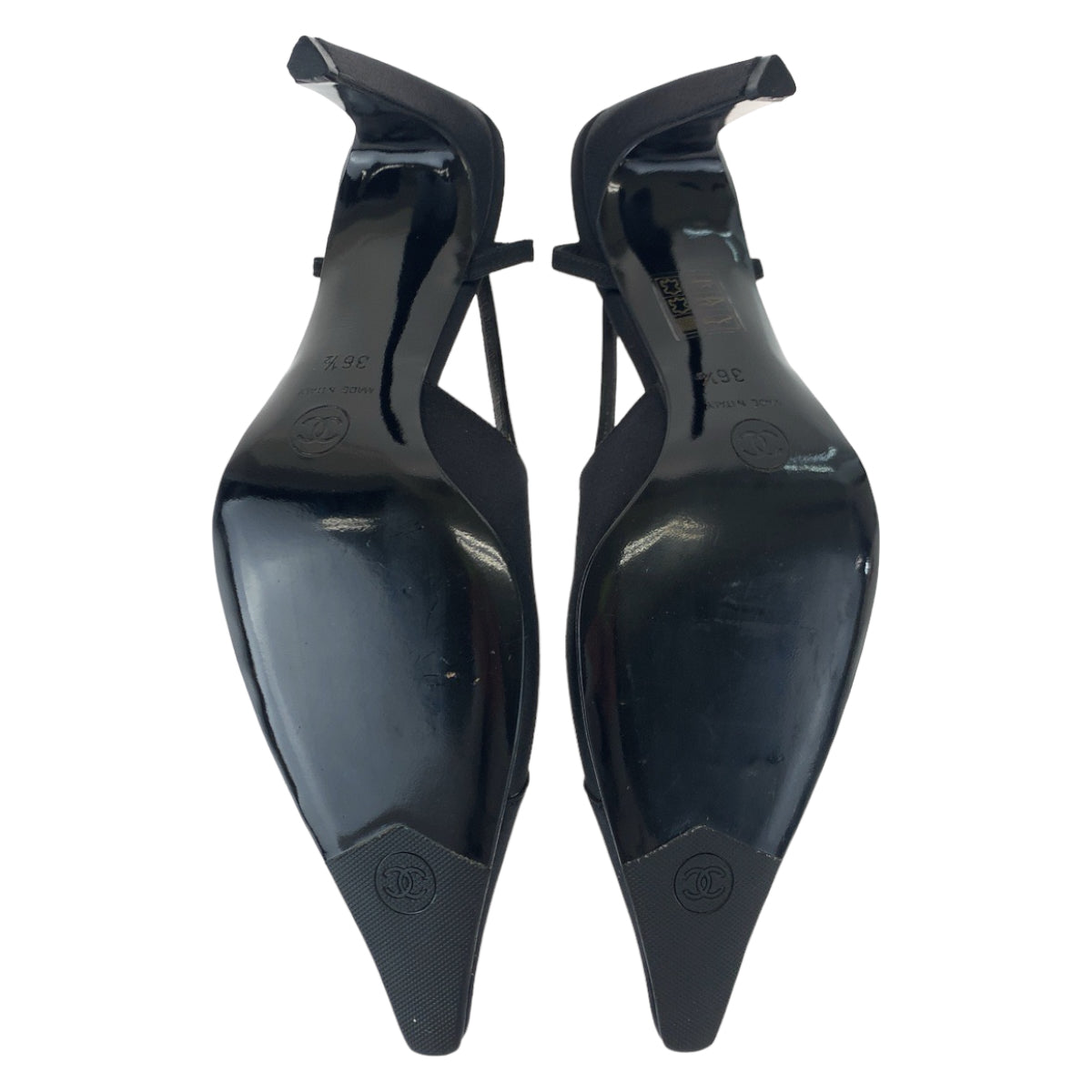 18527
CHANEL シャネル ココマーク ラインストーン サイズ36 1/2 バッグストラップ ブラック 黒 シルバー金具 サテン パンプス ミュール ハイヒール レディース SA38