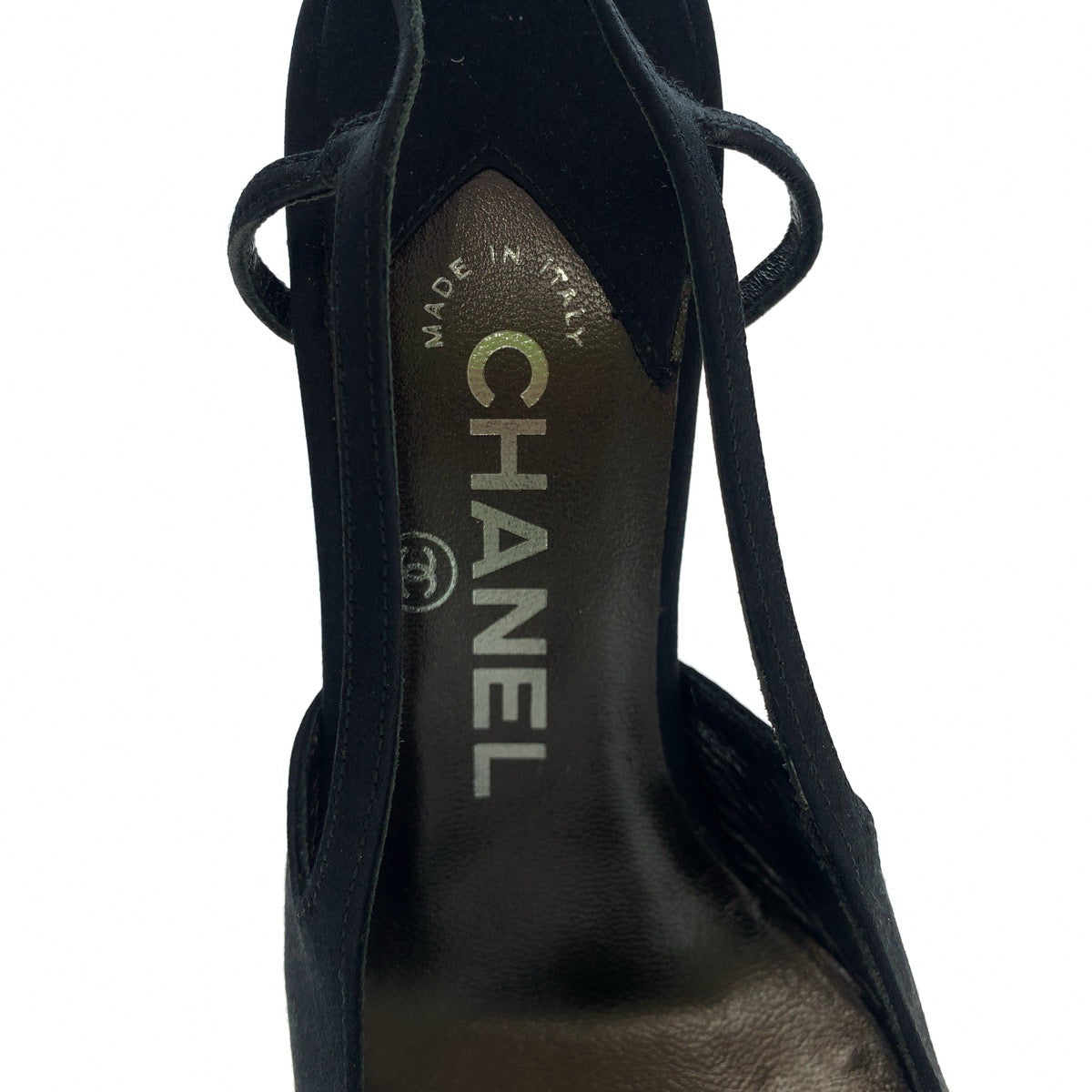 18527
CHANEL シャネル ココマーク ラインストーン サイズ36 1/2 バッグストラップ ブラック 黒 シルバー金具 サテン パンプス ミュール ハイヒール レディース SA38