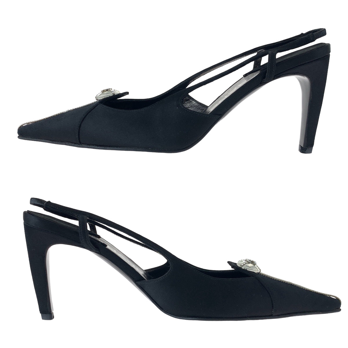 18527
CHANEL シャネル ココマーク ラインストーン サイズ36 1/2 バッグストラップ ブラック 黒 シルバー金具 サテン パンプス ミュール ハイヒール レディース SA38