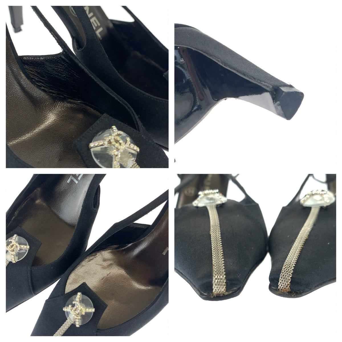 18527
CHANEL シャネル ココマーク ラインストーン サイズ36 1/2 バッグストラップ ブラック 黒 シルバー金具 サテン パンプス ミュール ハイヒール レディース SA38