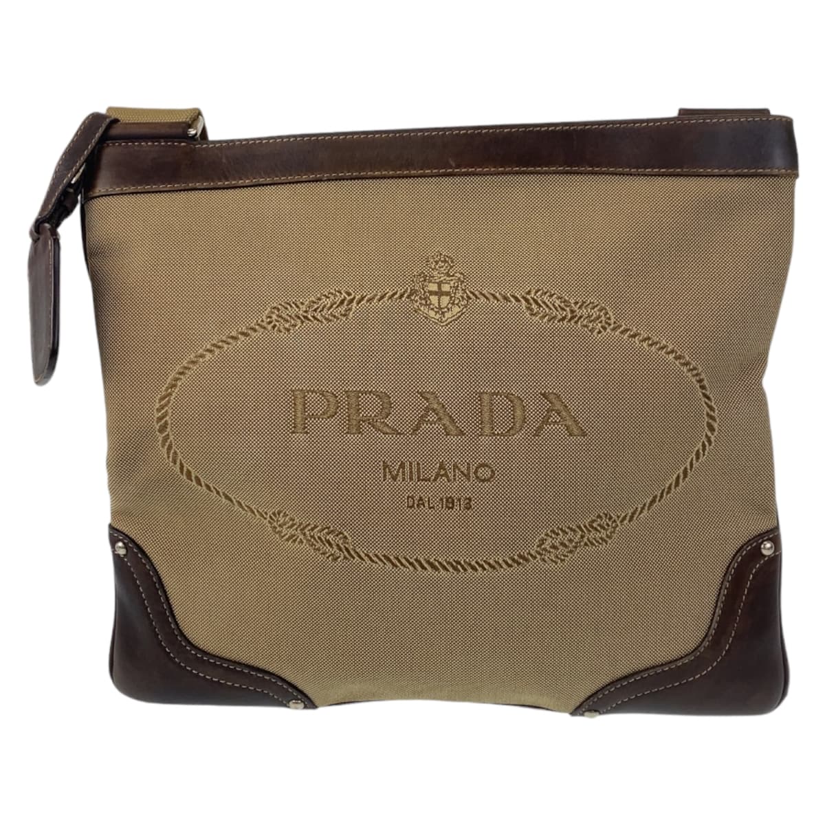 18536
PRADA プラダ ロゴジャガード ベージュ ブラウン シルバー金具 キャンバス ショルダーバッグ メッセンジャーバッグ  レディース ABP40