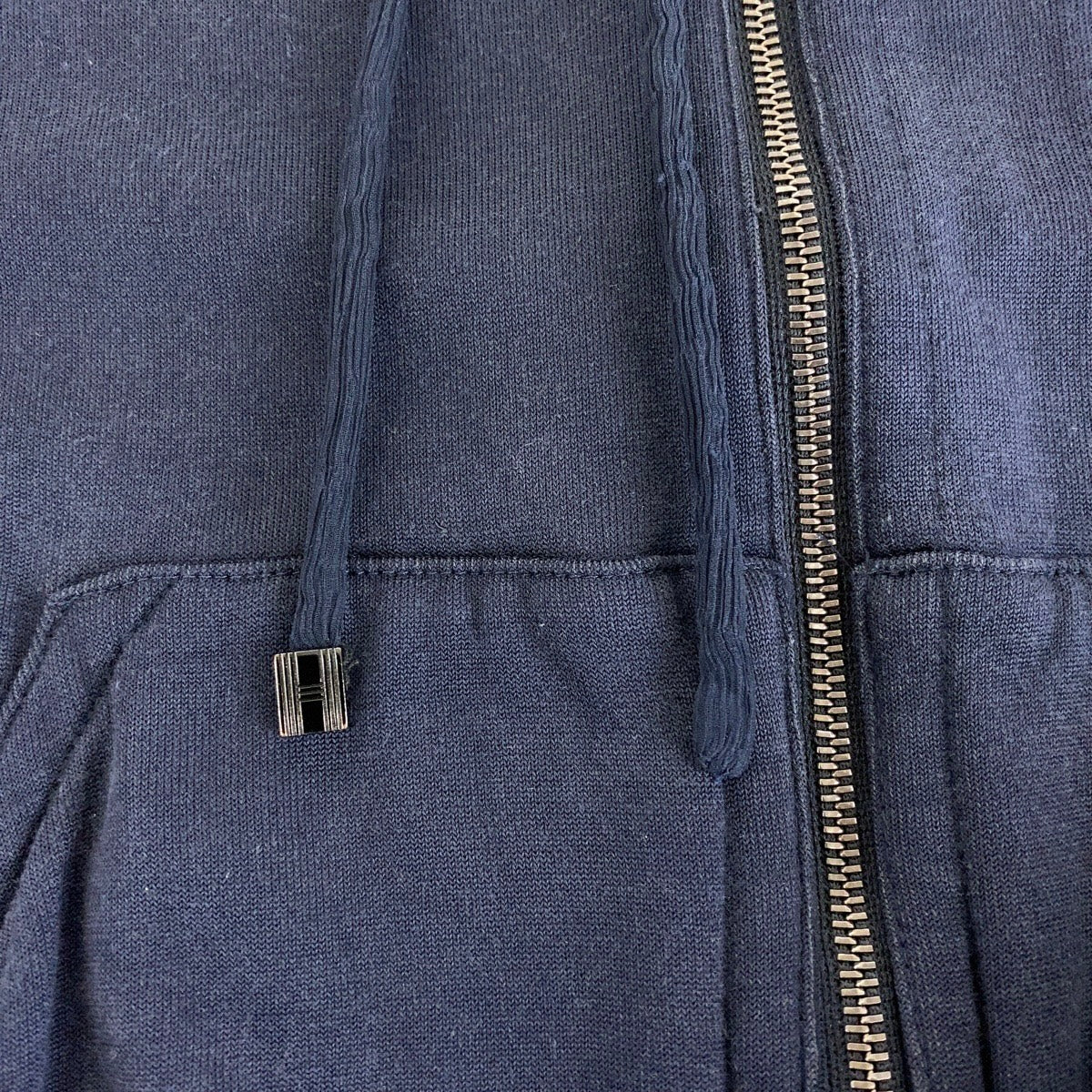 18543
HERMES エルメス サイズ38 ネイビー シルバー金具 コットン / シルク ジップアップ パーカー 男女兼用 レディース AB38