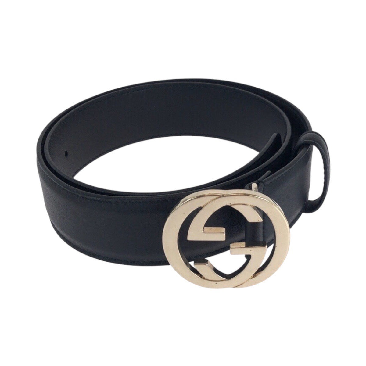 18548
GUCCI グッチ インターロッキング 75cm/30インチ ブラック 黒 ゴールド金具 レザー 370543 ベルト 男女兼用  メンズ A40
