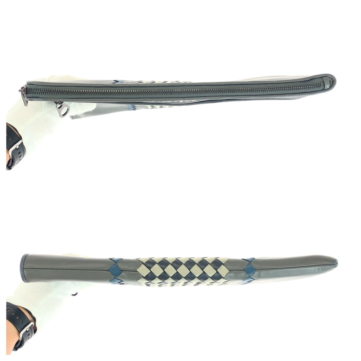 18553
BOTTEGAVENETA ボッテガヴェネタ イントレチャート グレー ガンメタ金具 レザー クラッチバッグ セカンドバッグ メンズ ABP41