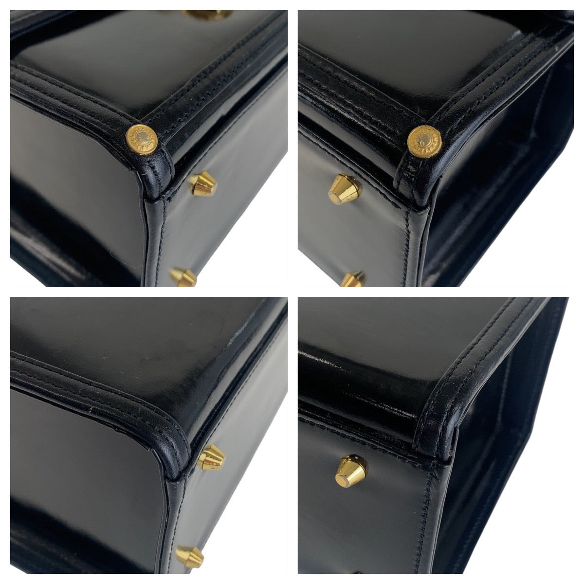 18586
VERSACE ヴェルサーチ ヴィンテージ サンバースト ブラック 黒 ゴールド金具 エナメル ハンドバッグ バニティバッグ  レディース ABP43