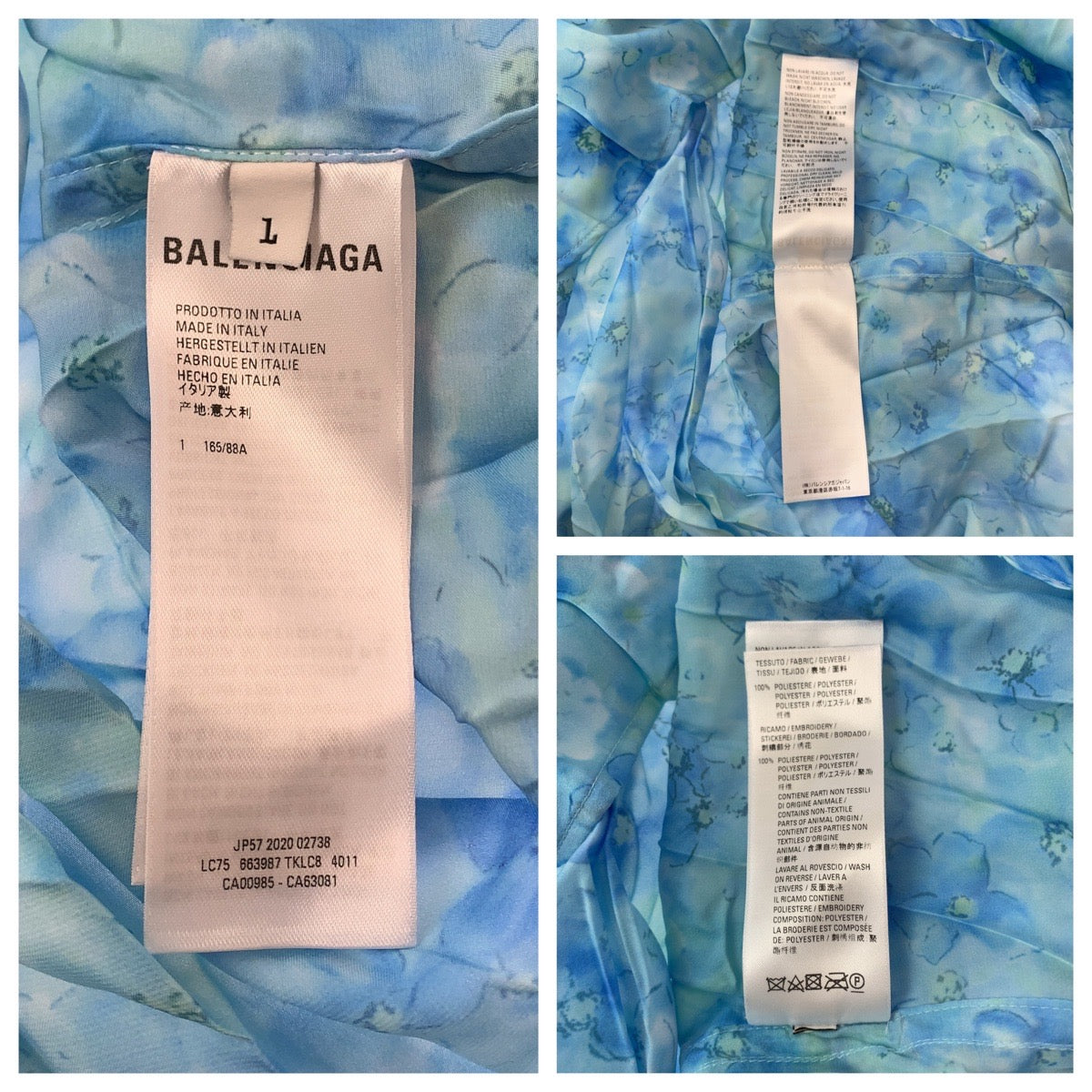 18589
BALENCIAGA バレンシアガ 花柄 サイズL ブルー ポリエステル 長袖シャツ ドレスシャツ ワンピース  レディース A40