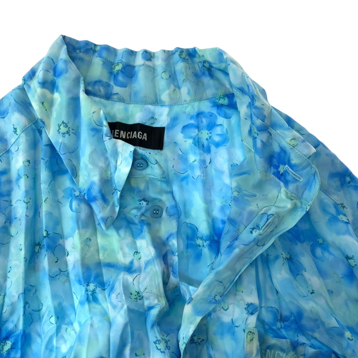 18589
BALENCIAGA バレンシアガ 花柄 サイズL ブルー ポリエステル 長袖シャツ ドレスシャツ ワンピース  レディース A40