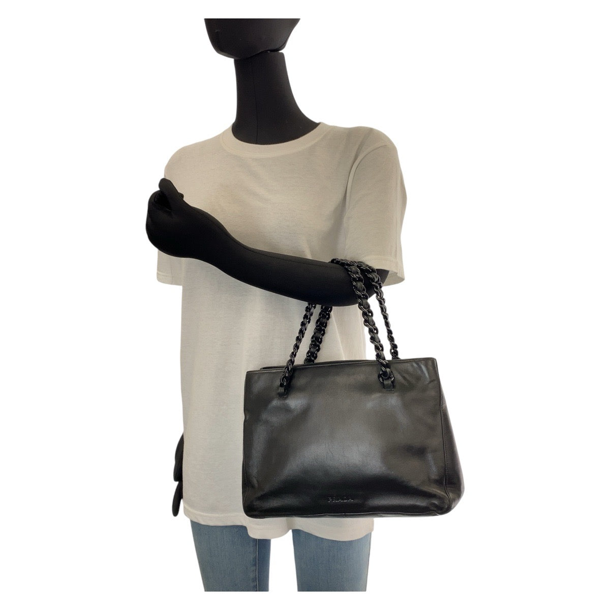 18601
PRADA プラダ プラチェーン ブラック シルバー金具 レザー / プラスチック トートバッグ ハンドバッグ レディース ABP43